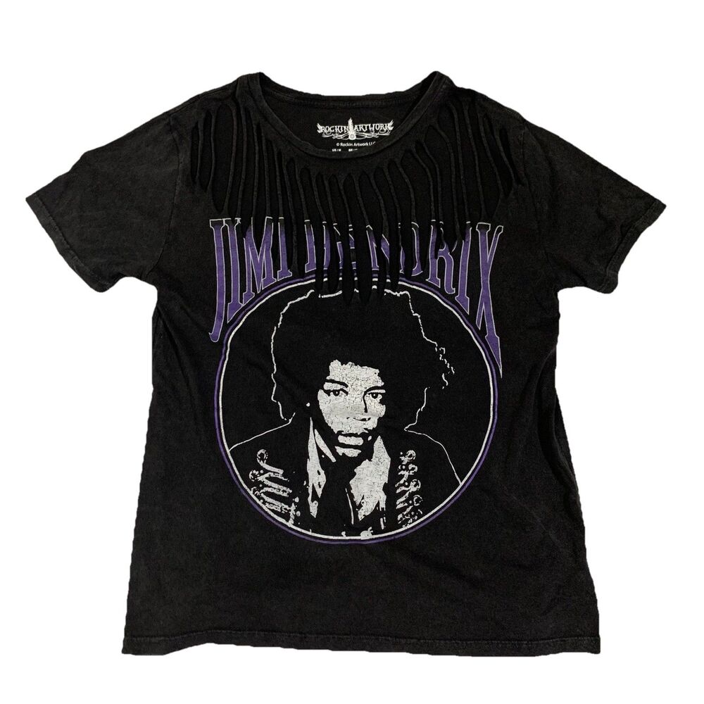 Jimi Hendrix Rockin Artwork Women’s M Short Sleeve Cutout T-shirt Black faded